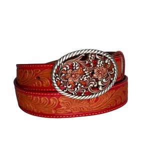 Vintage Red Tooled Leather Belt Western Cowgirl Floral Metallic Womens XL